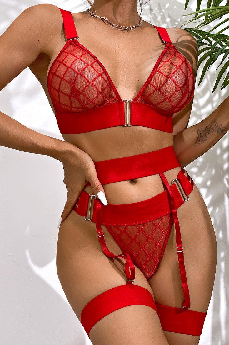 Red Checker Mesh Garter Set - Lingerieset Dames Transparante Ruitmesh – Rood Met Jarretels