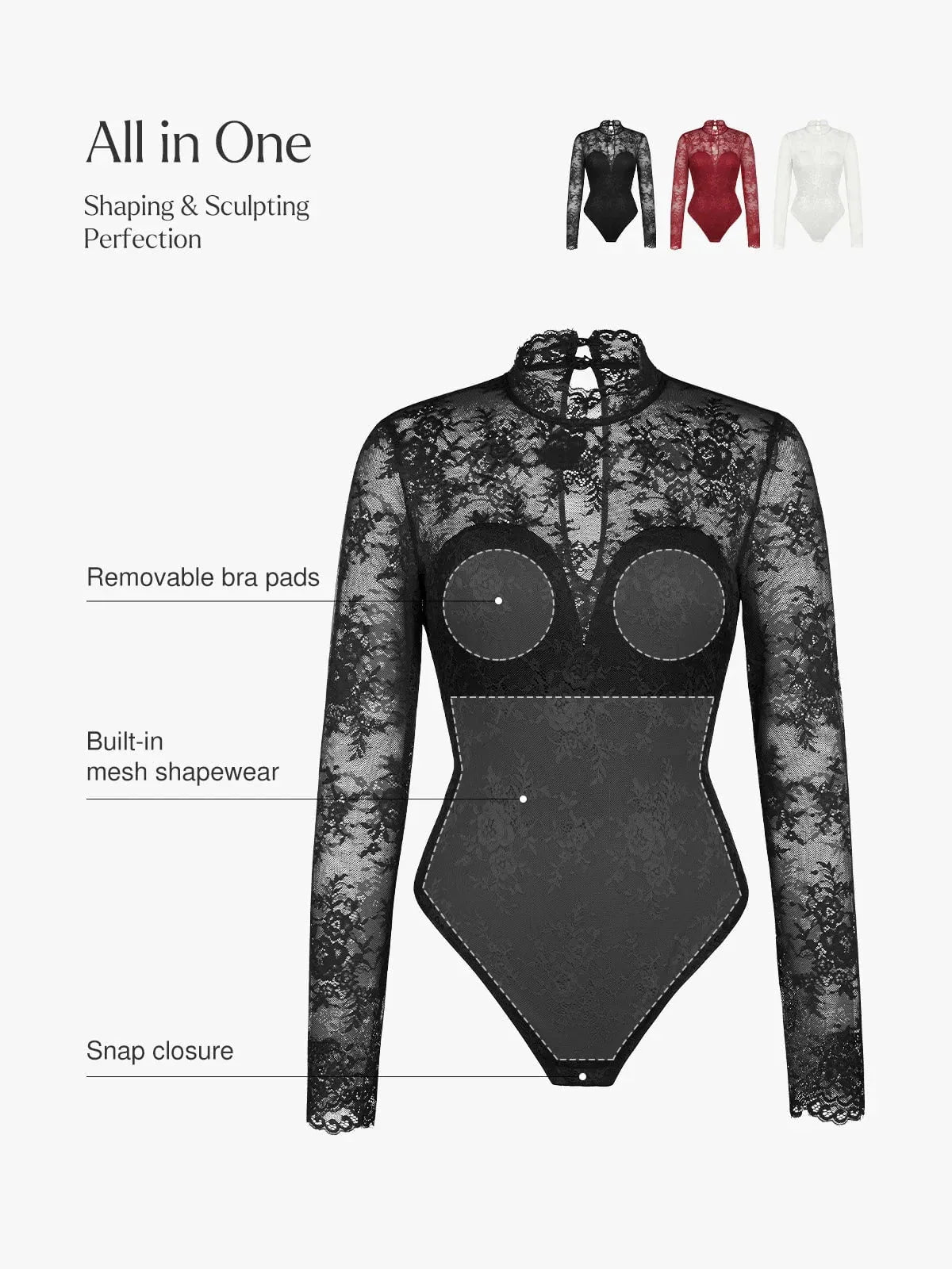 ELVIA – Lace Bodysuit met Lange Mouwen - LivingCurves Zwart / XS