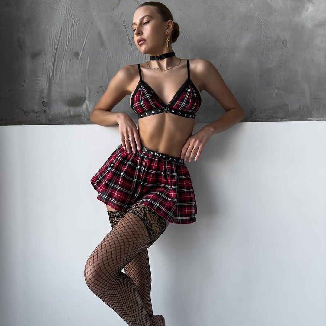 Plaid Schoolgirl Lingerie Set with Collar