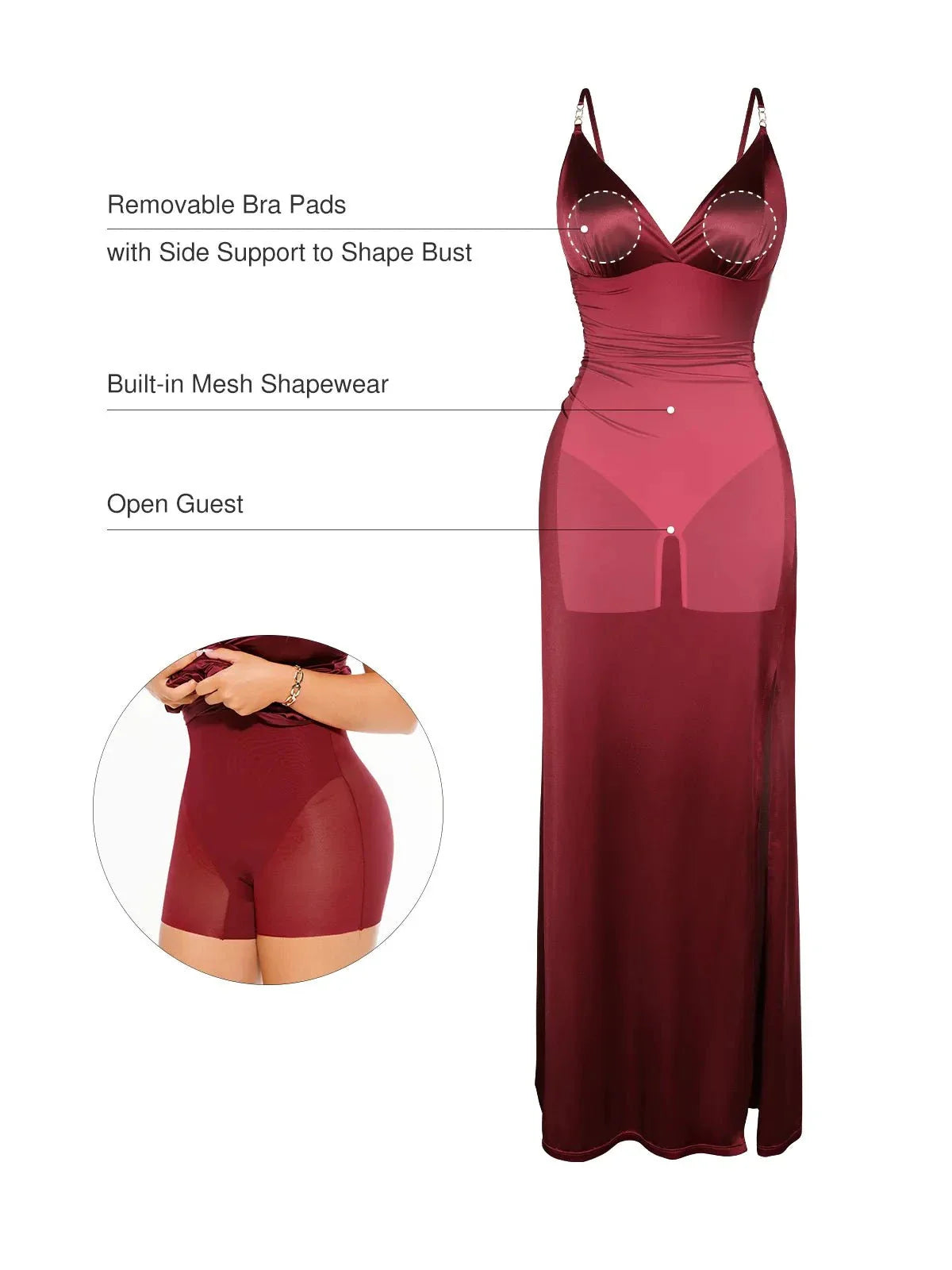LEONA – Shaping Satin Maxi Dress met Deep V & Slit