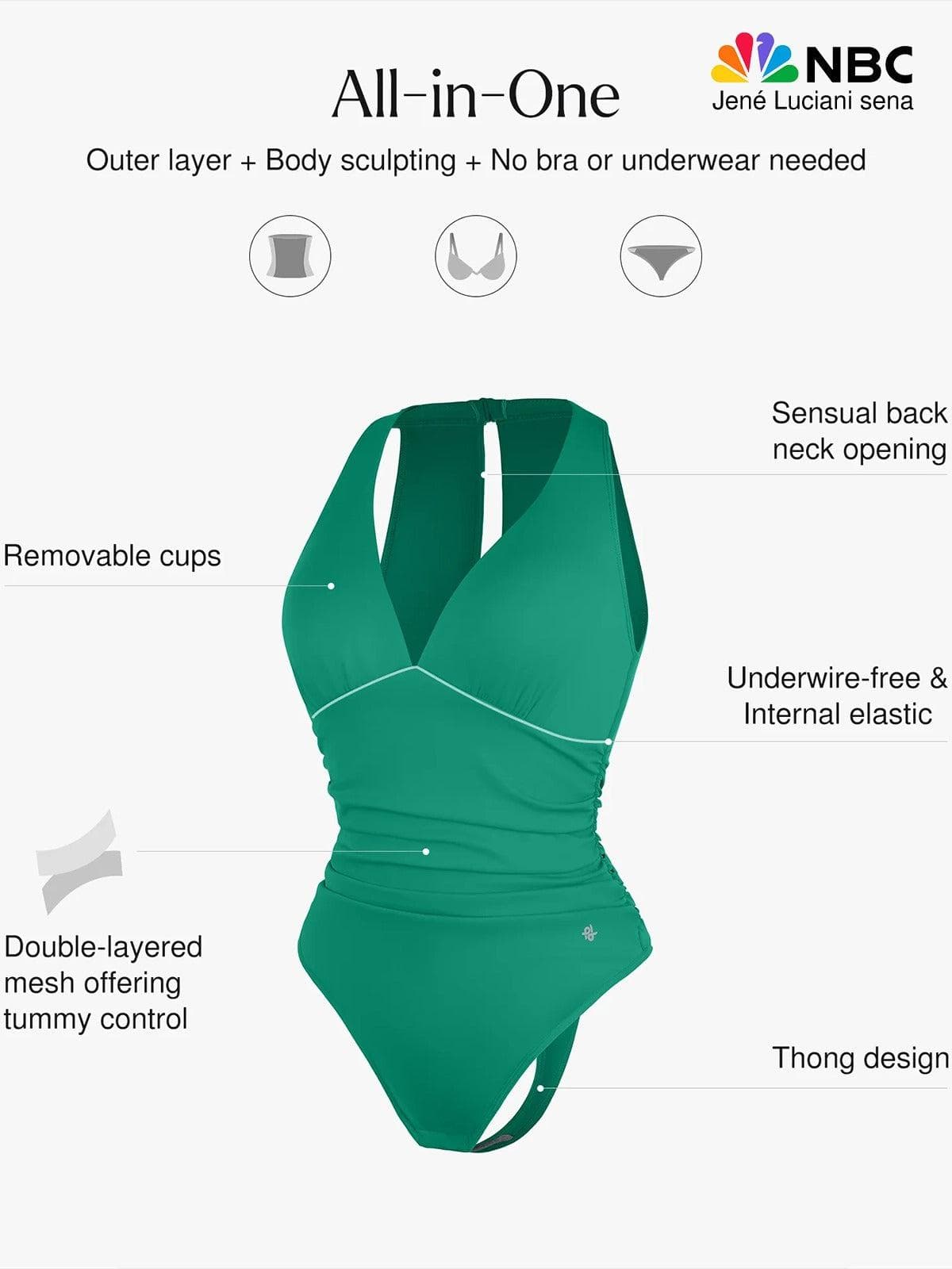 Shapewear Halter Cowl Neck Ruched Tummy Control Bodysuit - LivingCurves Sexy Deep V Tops Body Shaper Vacation Outfits Black / XS