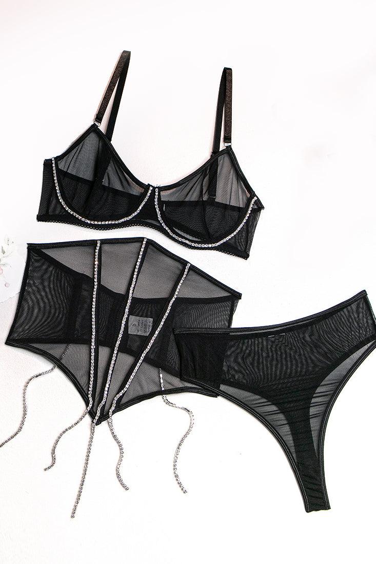 Korset Set Dames Mesh – Zwart 3-Delig Met String En Strass – Elegante Shaping met Comfort