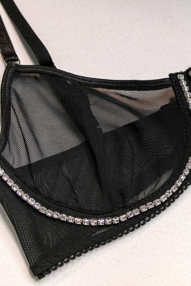 Korset Set Dames Mesh – Zwart 3-Delig Met String En Strass – Elegante Shaping met Comfort