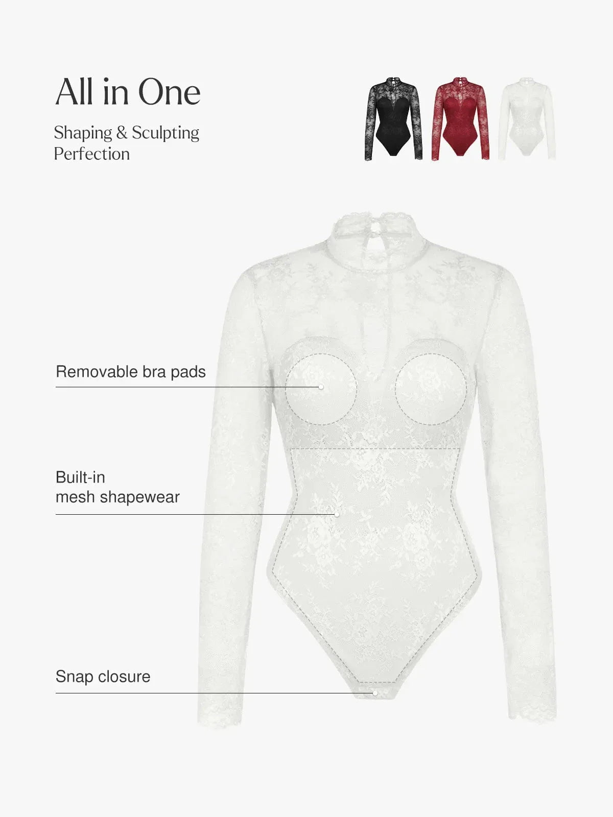ELVIA – Lace Bodysuit met Lange Mouwen - LivingCurves Zwart / XS