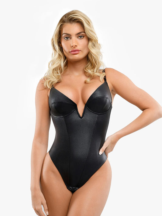 ELORA – Faux Leather Corset Bodysuit met Diepe V - LivingCurves Tops Body Shaper Tank Zwart / XS