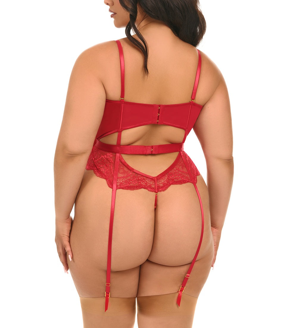 Oh La La Cheri Lingerie Rumi Red Satin Bodysuit with Garters Plus Size 52-12004X
