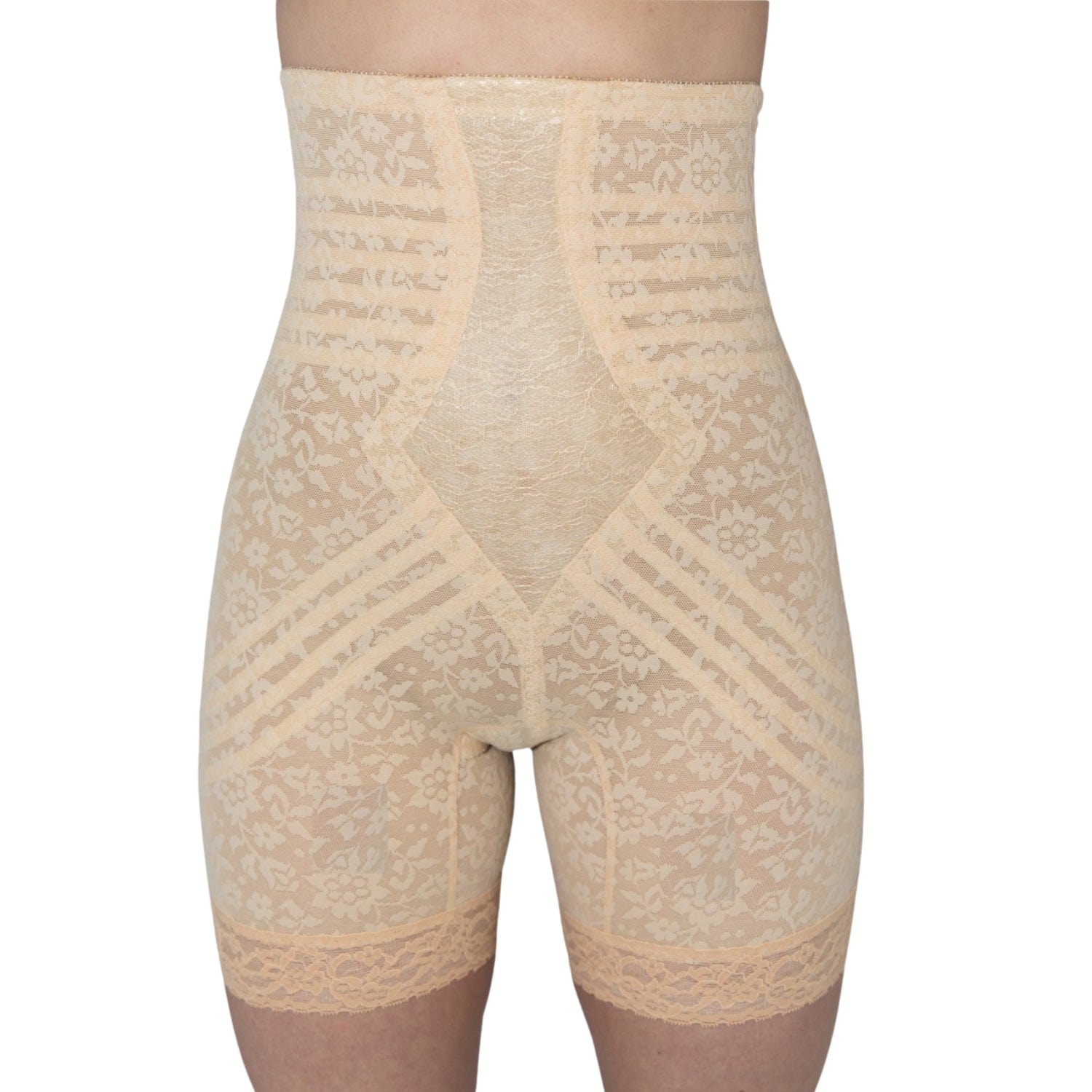 Style 6207 | No Roll High Waist Lace Thigh Slimmer with Extra Firm Support - LivingCurves High Waist Leg Shaper Beige / S/26