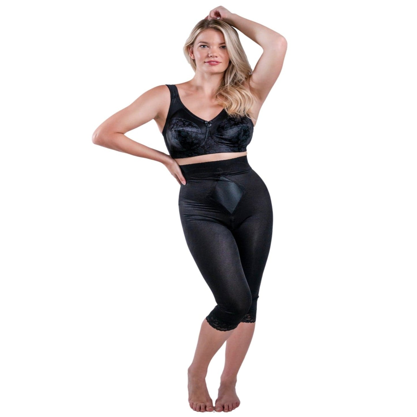 Style 6266 | High Waist Capri Pant Liner with Tummy Control Satin Panel| Memory Compression Fabric | Medium Support - LivingCurves Leg Shaper Pant Liner Black / S/26