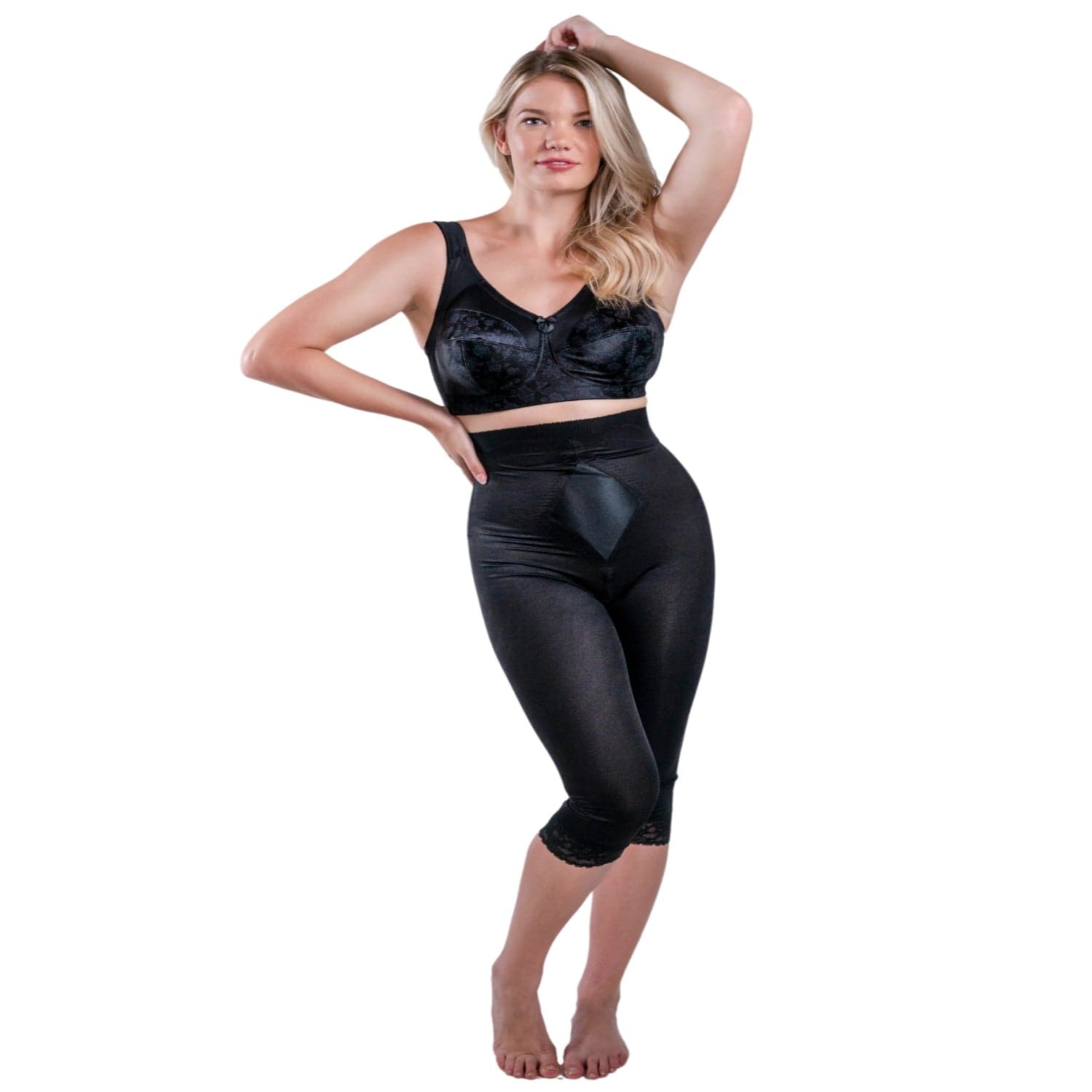 Style 6266 | High Waist Capri Pant Liner with Tummy Control Satin Panel| Memory Compression Fabric | Medium Support - LivingCurves Leg Shaper Pant Liner Black / S/26