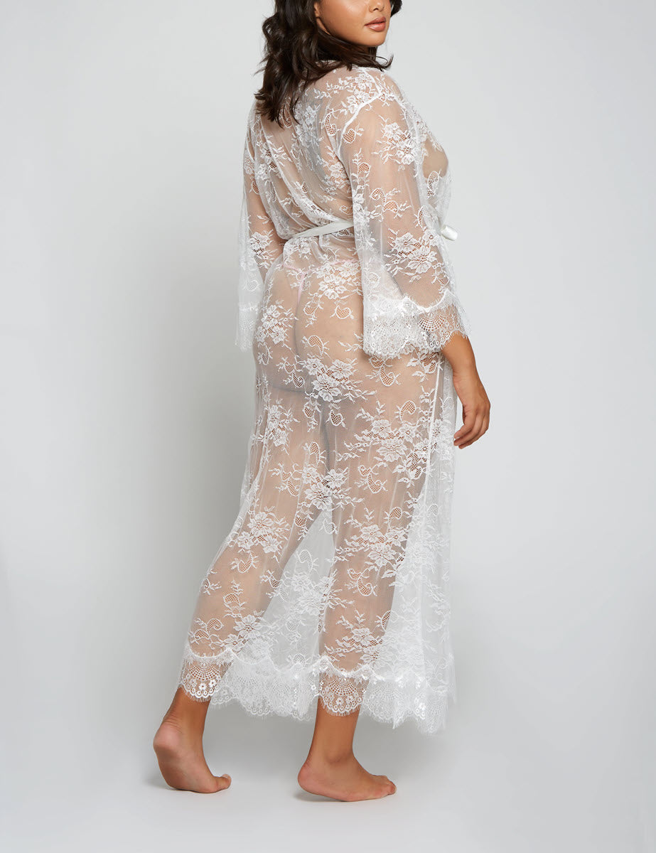iCollection Lingerie Jasmine White All Lace Long Plus Size Robe 8023X