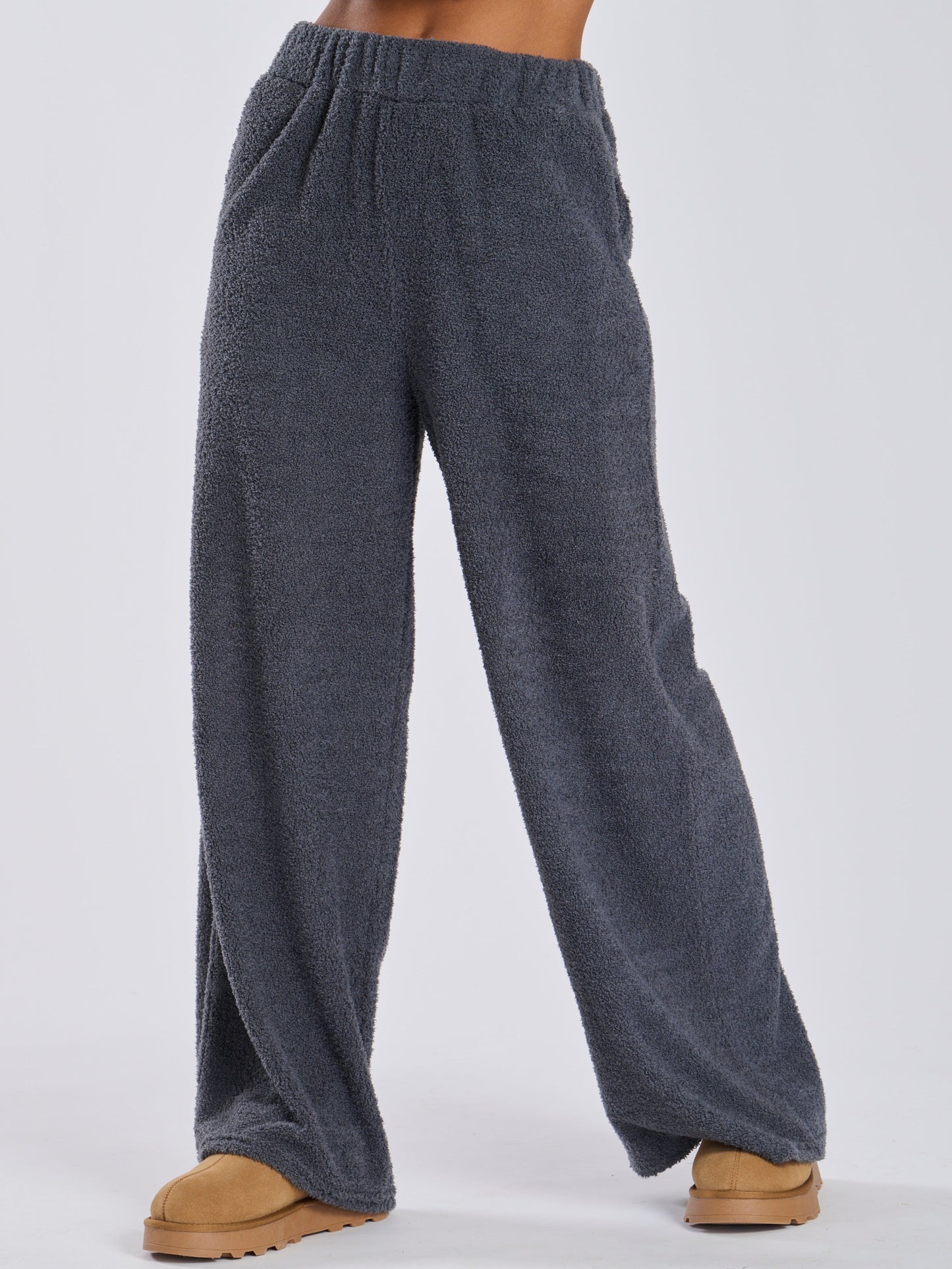 The Kickback Fuzzy Wide Leg Lounge Jogger In Charcoal