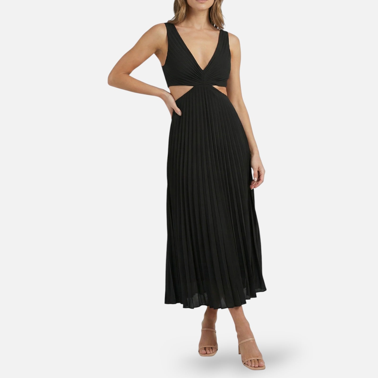 Midi Jurk Geplooide Rok met V-Hals en Cut-Out