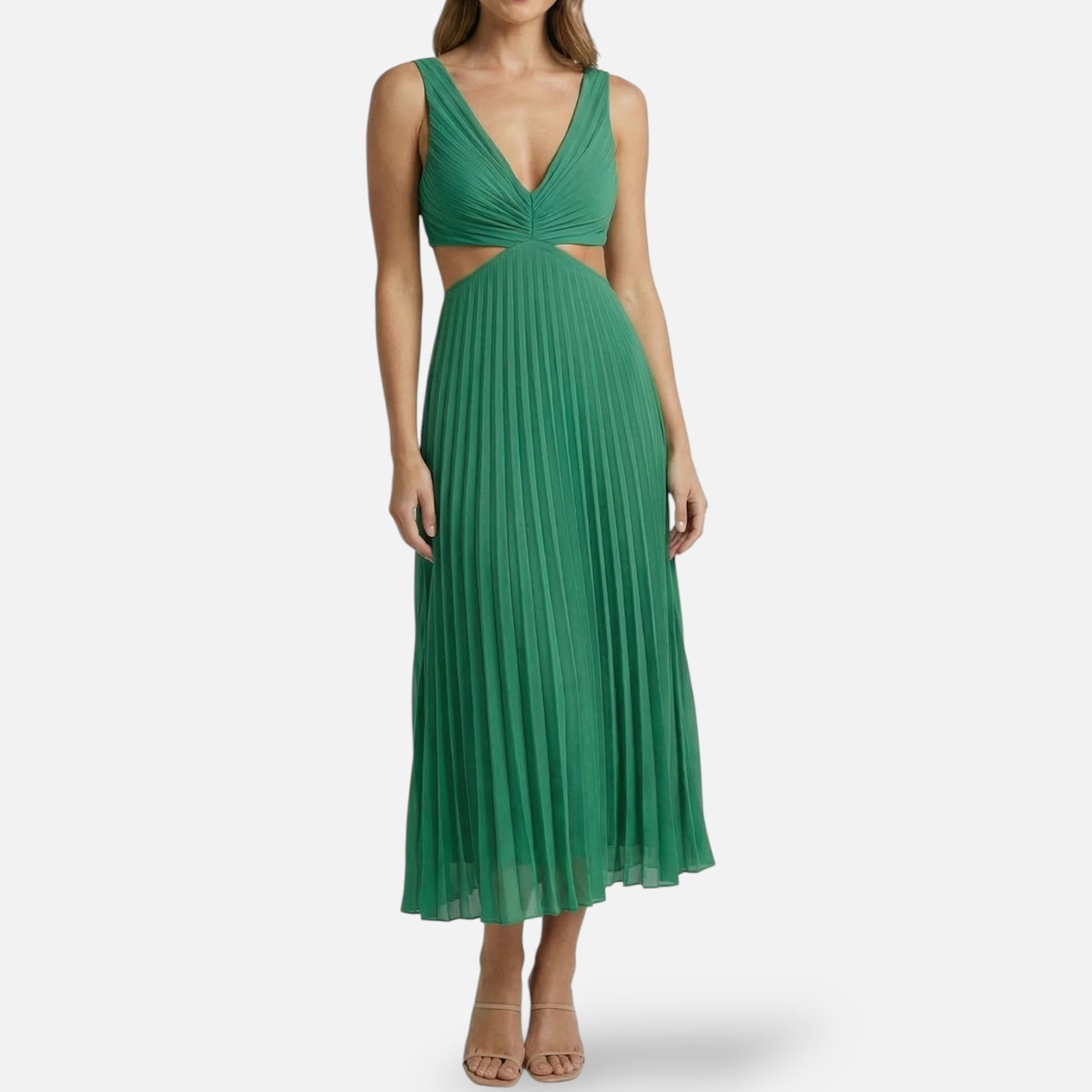 Midi Jurk Geplooide Rok met V-Hals en Cut-Out