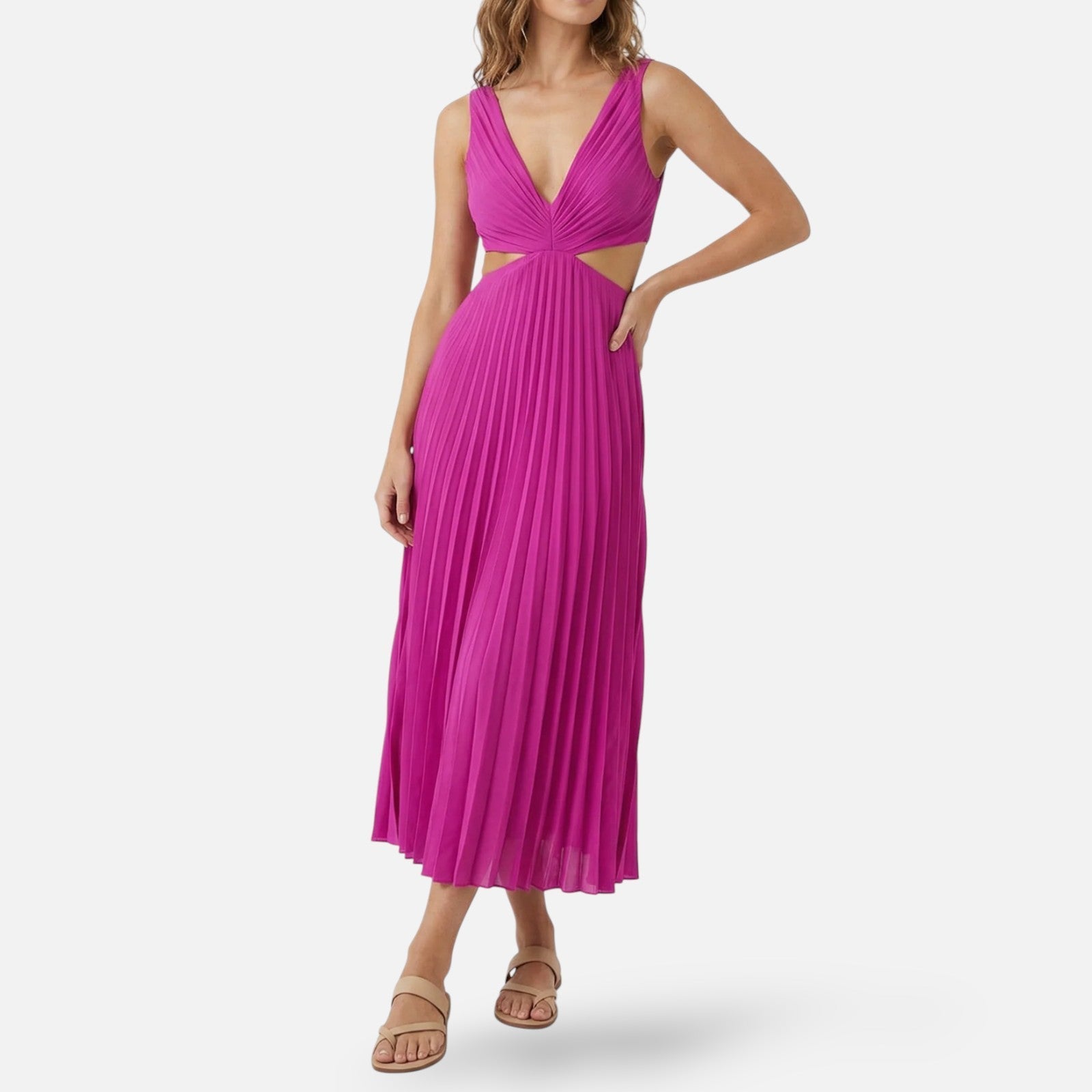 Midi Jurk Geplooide Rok met V-Hals en Cut-Out