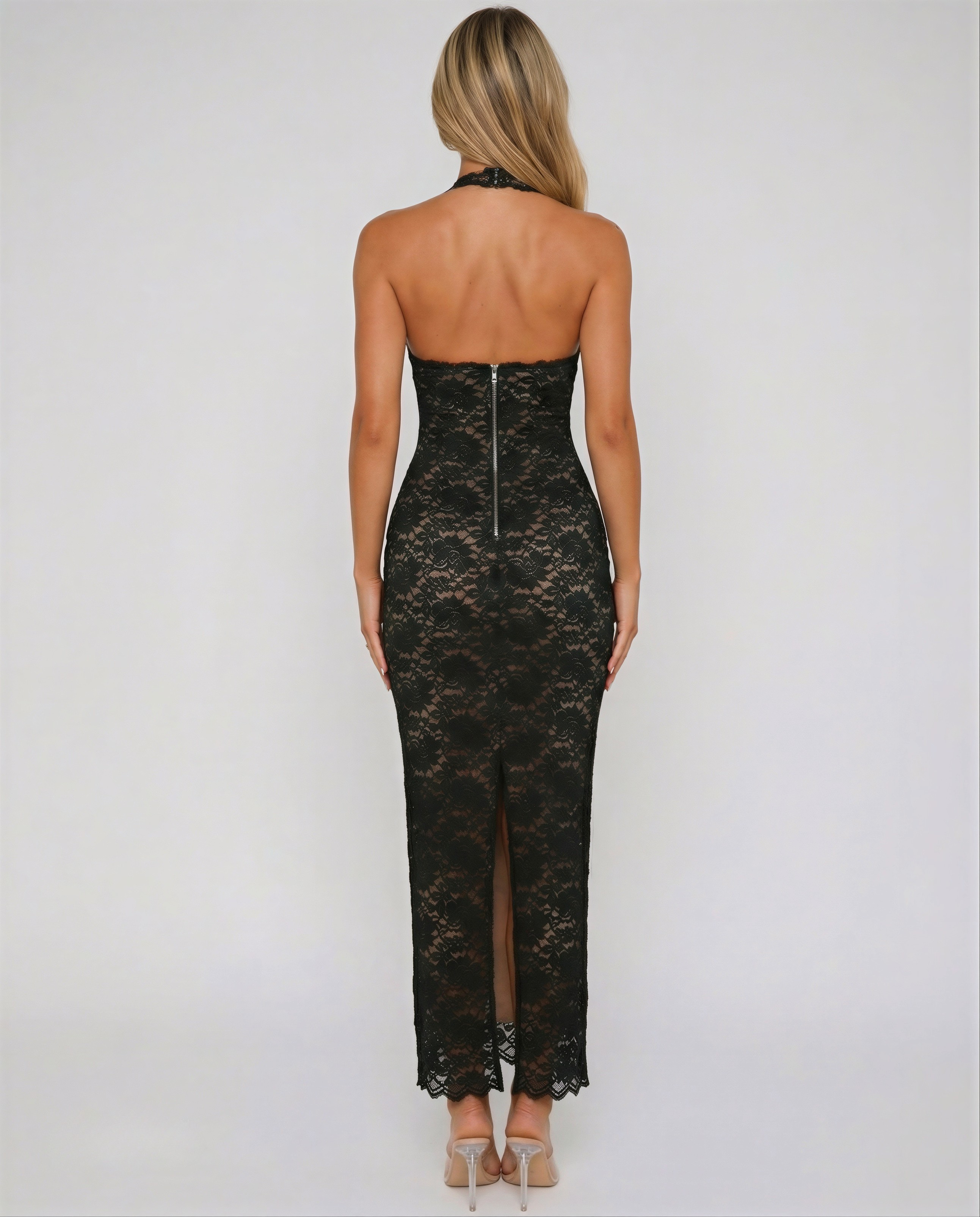 Mini Halter Jurk met Diepe V-Hals en Open Rug