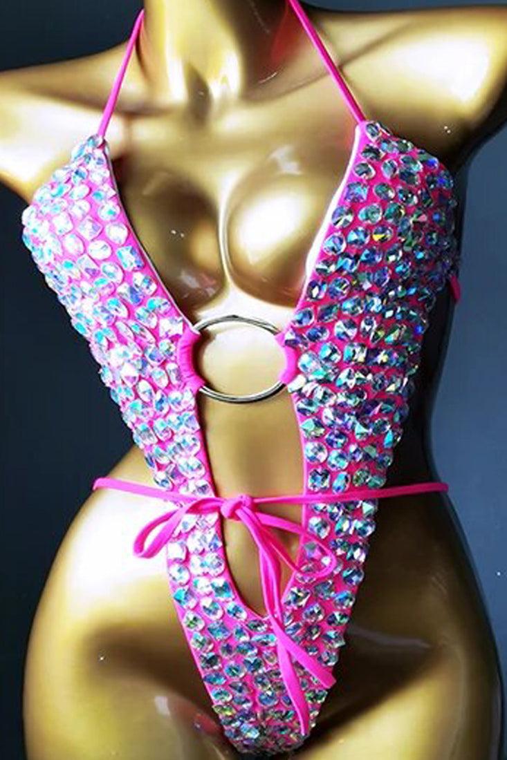 Felroze Bikini Set Dames met Glitter en Diepe Halslijn