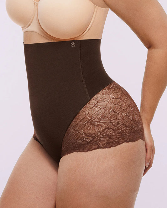 BARE ESSENTIALS – MeshSmooth High-Waist Lace Brief - LivingCurves shaper shorts Bruin / S