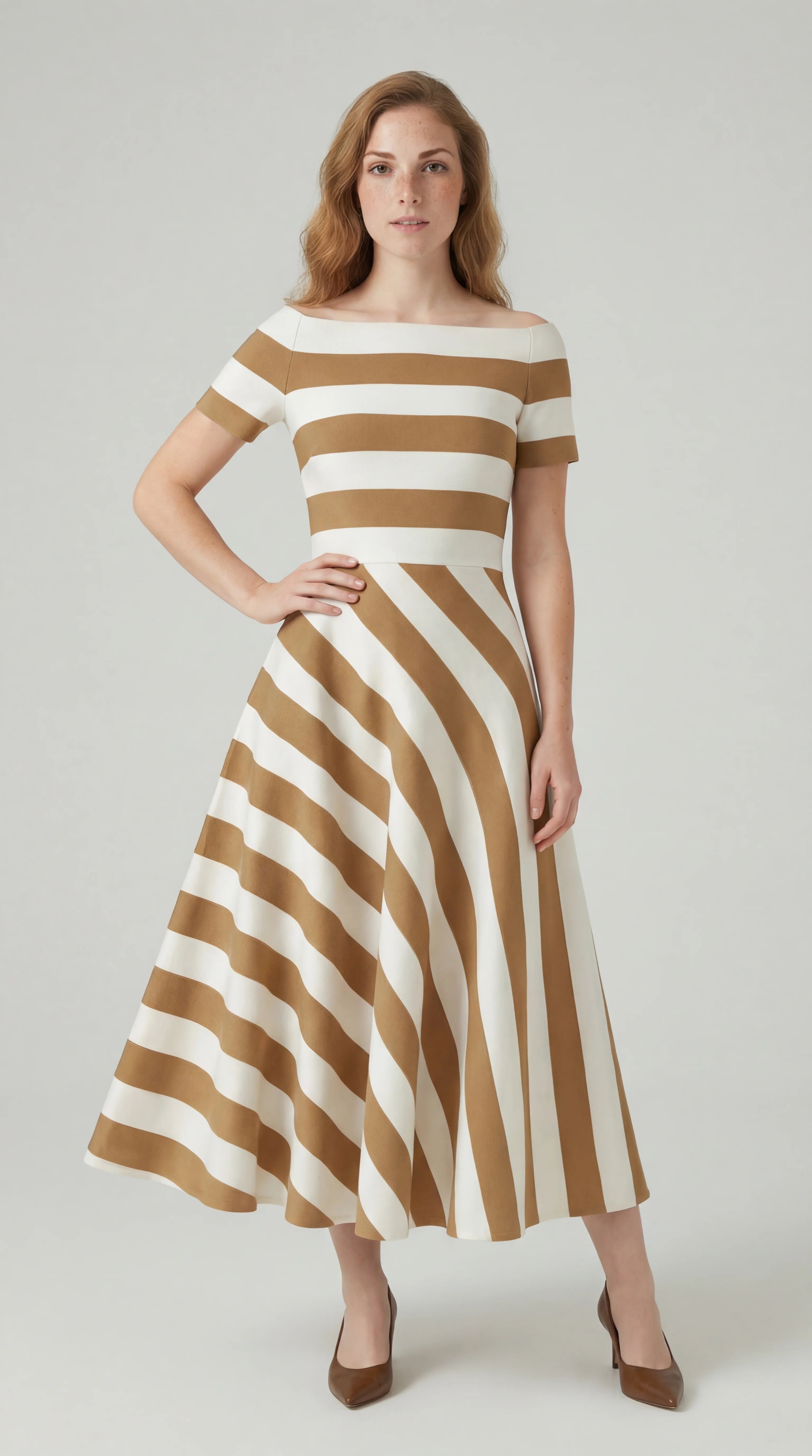 Midi Jurk Korte Mouw met Strepen Design