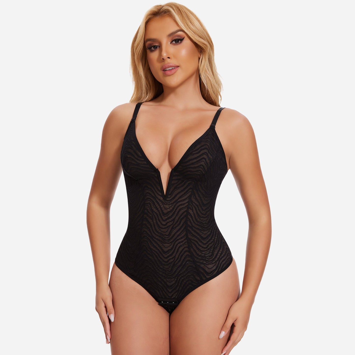 ZYNEA – Deep V Kant Shapewear String Body - LivingCurves Zwart / S