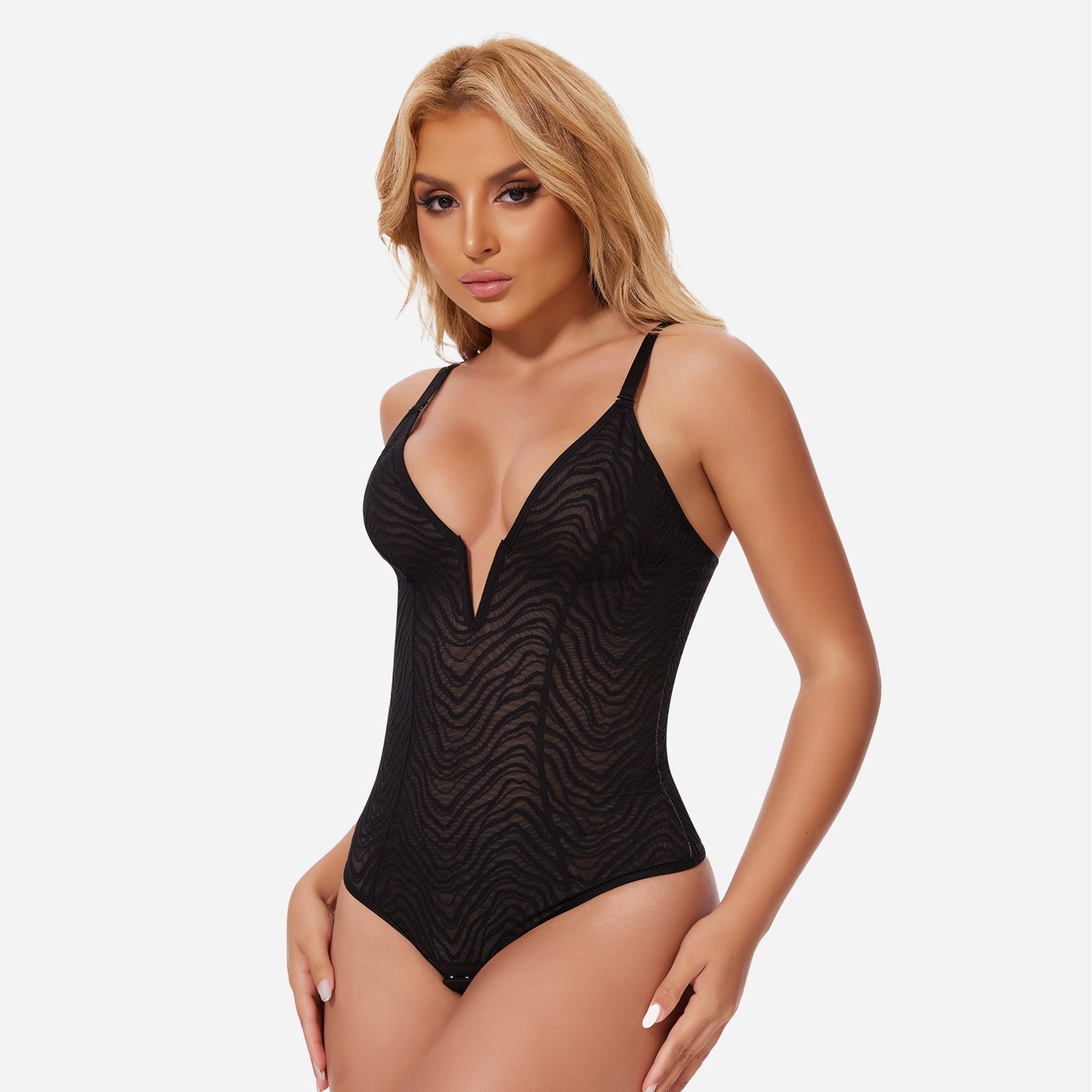 ZYNEA – Deep V Kant Shapewear String Body - LivingCurves Zwart / S