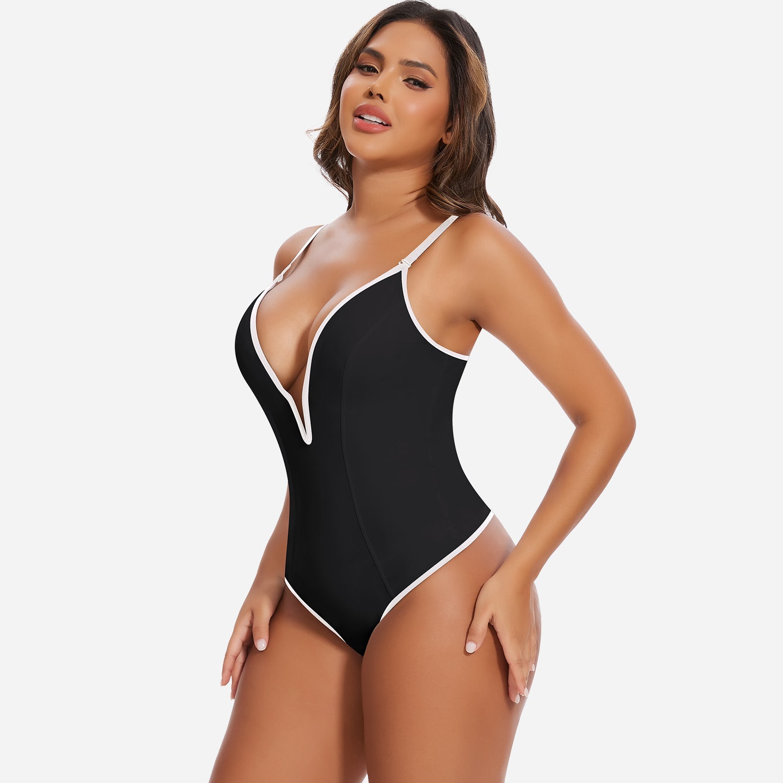 ESONA – Shapewear String Bodysuit met Diepe V en Rugloos Design - LivingCurves Zwart / S