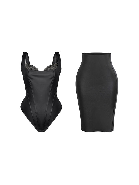 LYONA – Faux Leather Bodysuit met Kant - LivingCurves Set / Zwart / S