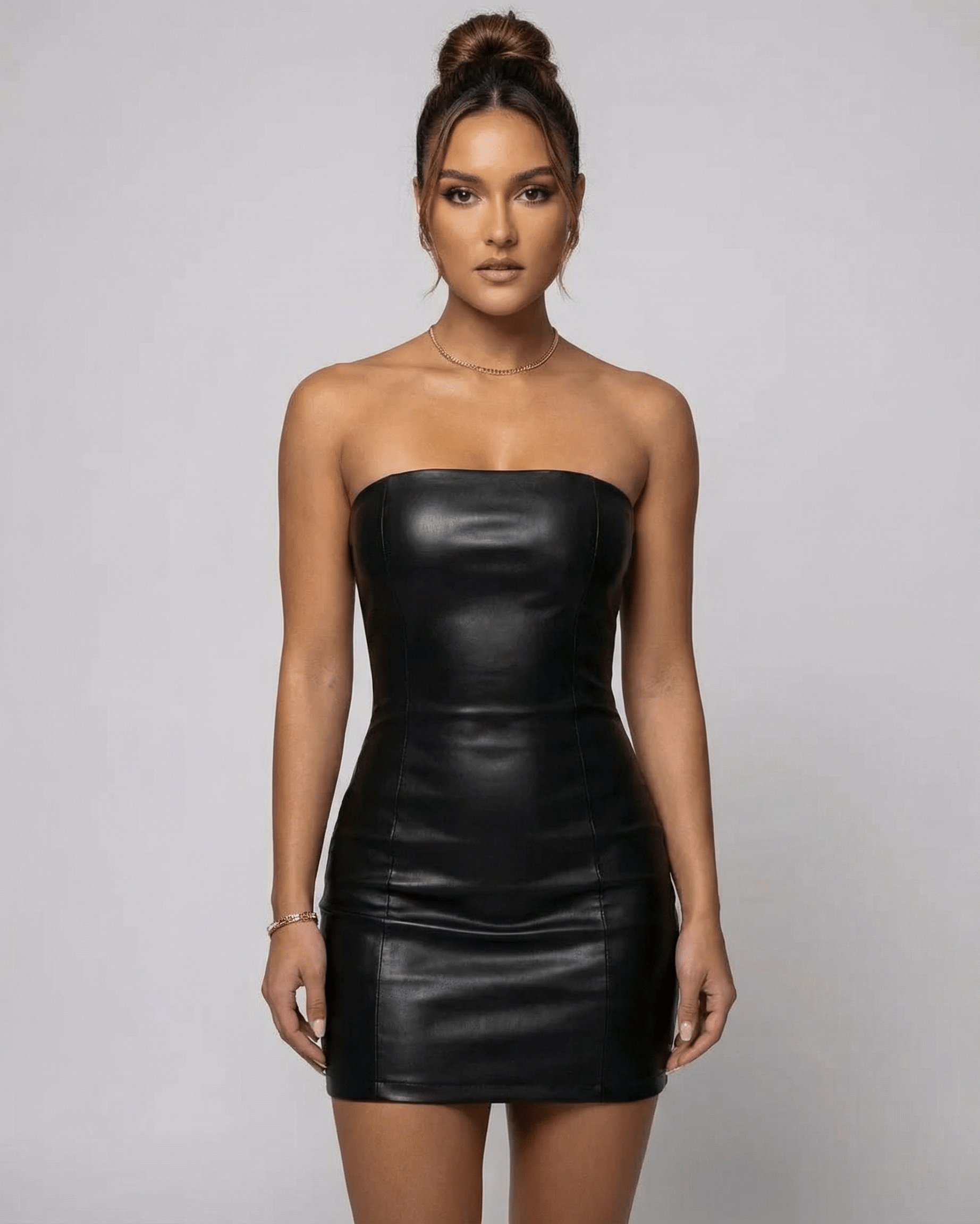 Dames Mini Jurk | Strapless | Aansluitende Faux Leather Look