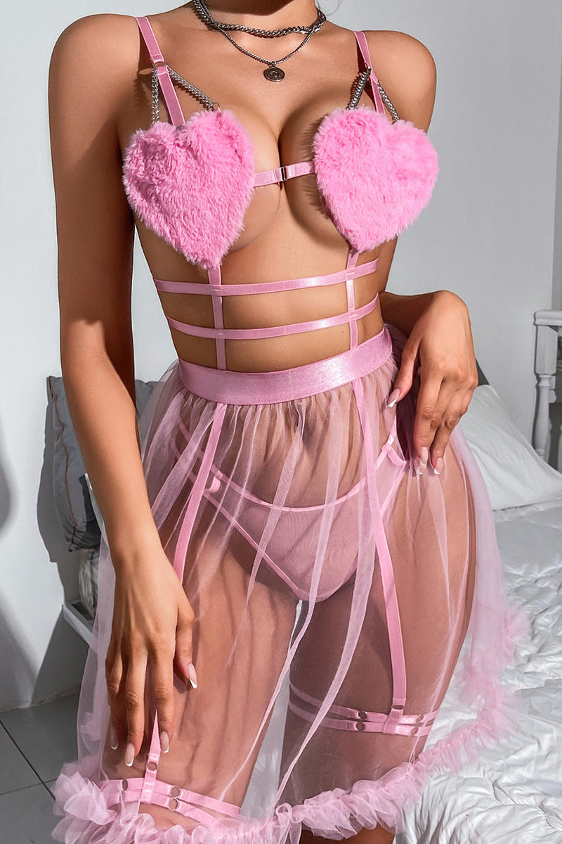 Babydoll Dames Bont En Mesh – Roze Lingerieset – Verleidelijke Set met Soepele Pasvorm