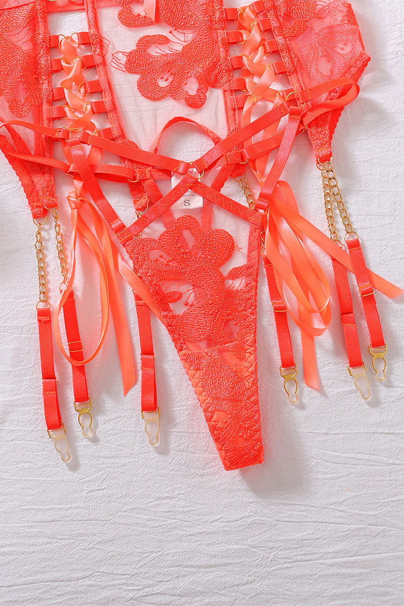 Bustier Lingerieset Dames Kant – Oranje Met Jarretels – Luxe Lingerie met Comfort