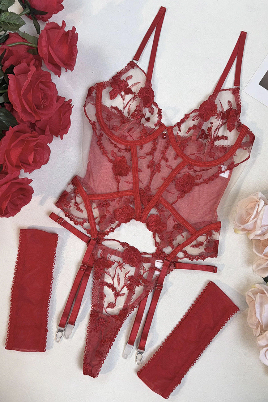 Red Embroidered Mesh Garter Bodysuit - Lingerieset Dames Geborduurde Bloemen – Rood Met