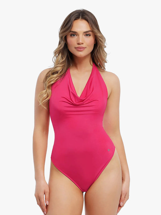 Shapewear Cowl Neck Halter Tummy Control Bodysuit - LivingCurves Pink / XS