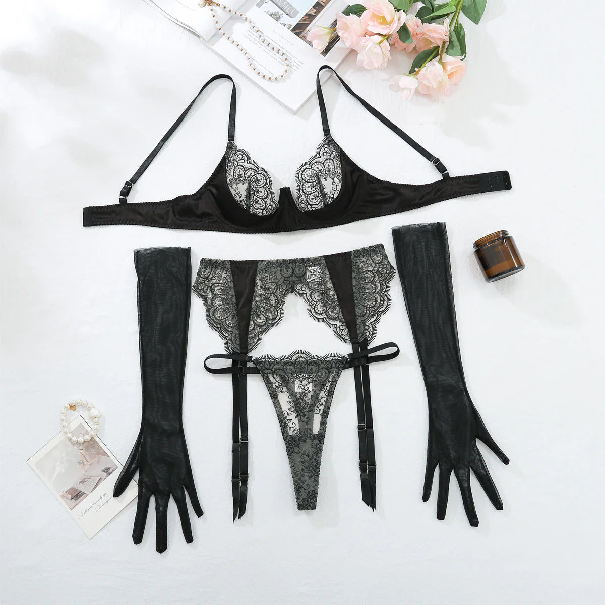 Midnight Lace Lingerie Set With Gloves