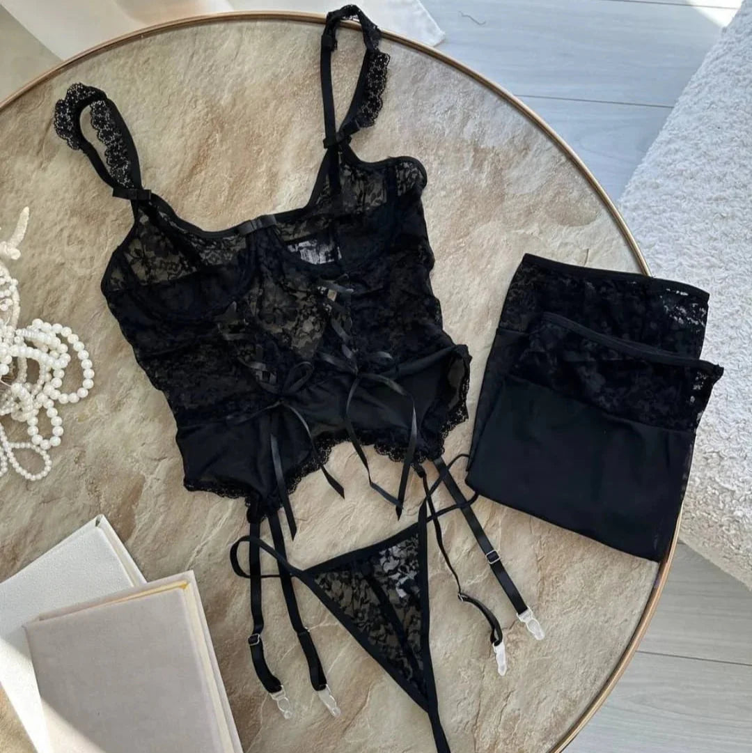 Lace Ribbon Corset Set