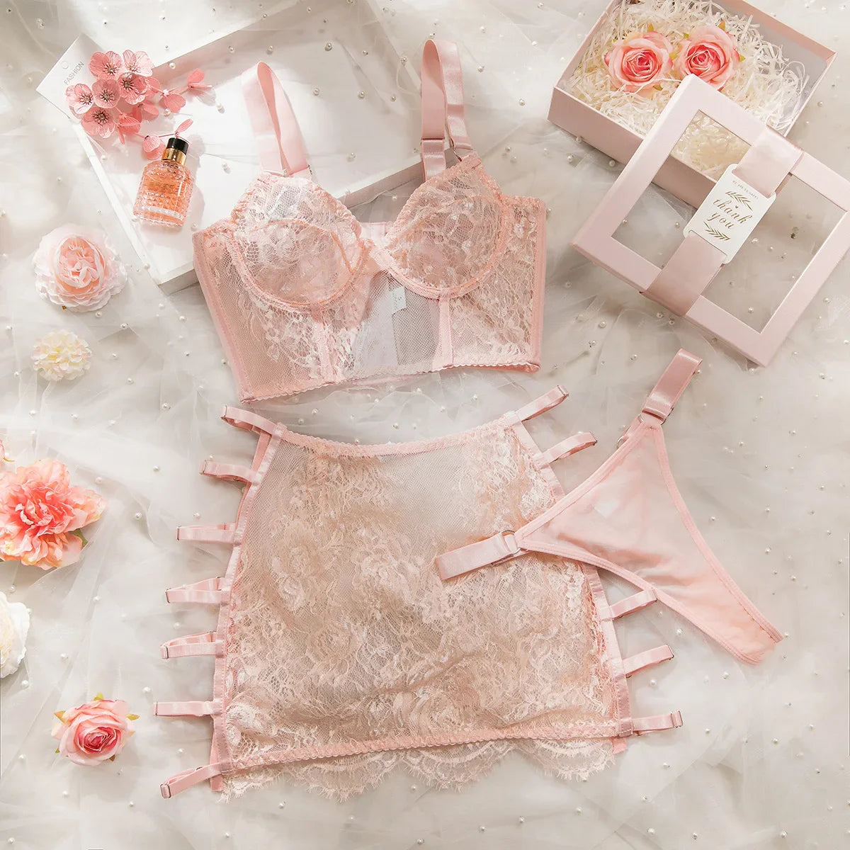 Lace Bralette Garter Skirt Set