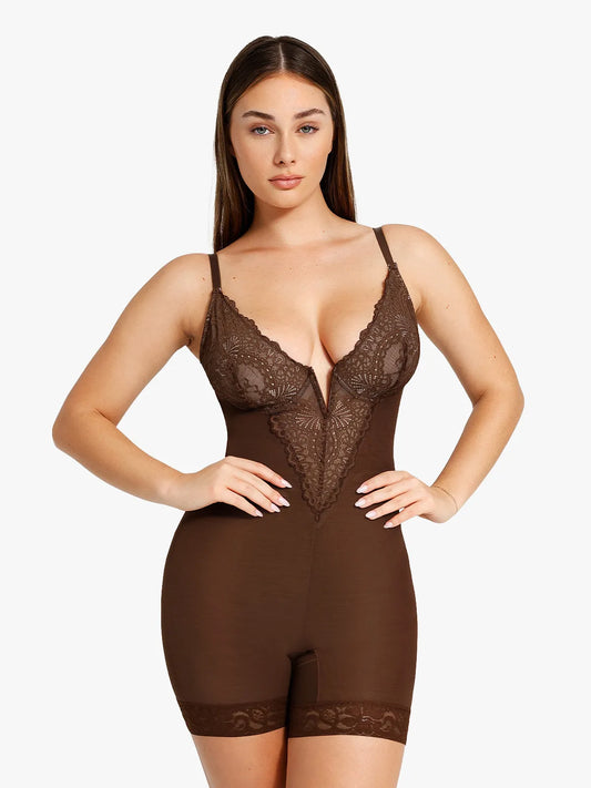 Shapewear Lace Deep V-Neck Sculpting Mid-Thigh Bodysuit - LivingCurves Mid-Thigh Body Shaper Jumpsuit Bruin / S