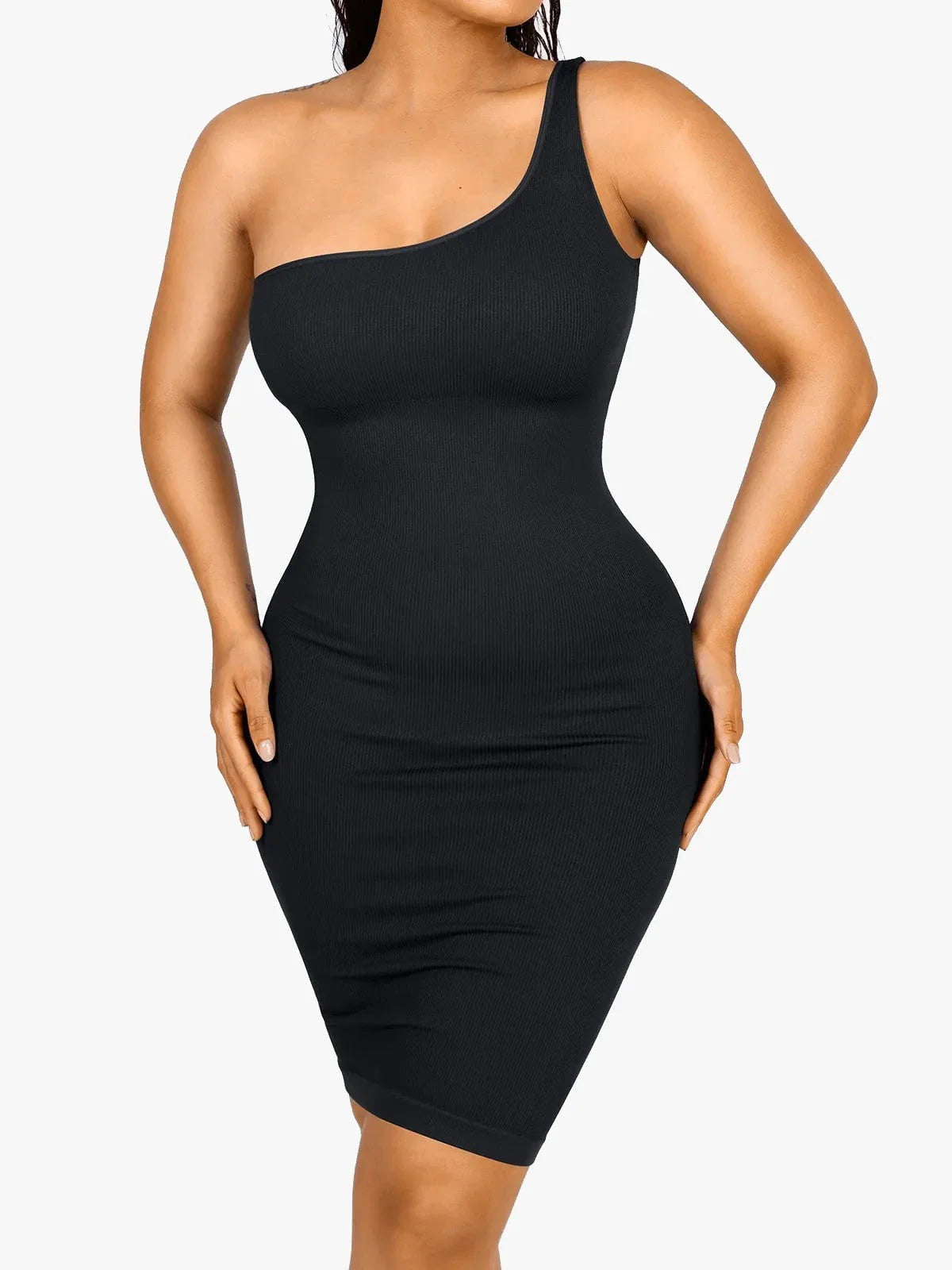AYLA – One-Shoulder Shaping Mini Dress - LivingCurves Zwart / XS/S