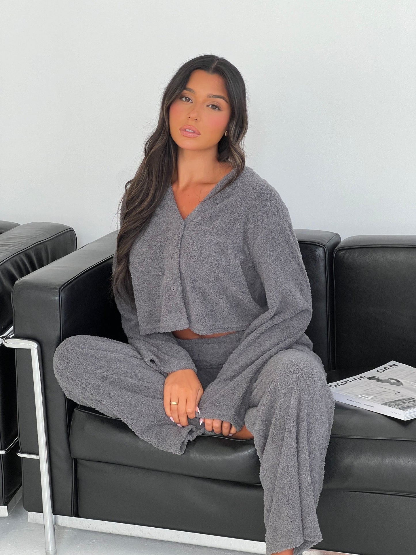 The Kickback Fuzzy Wide Leg Lounge Jogger In Charcoal