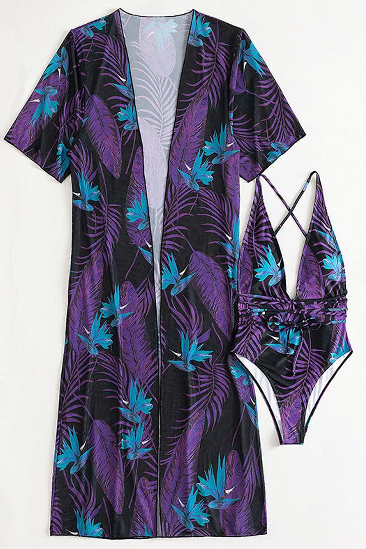 Zwart Paars Tropical Print Badpak Dames – Monokini met Mesh