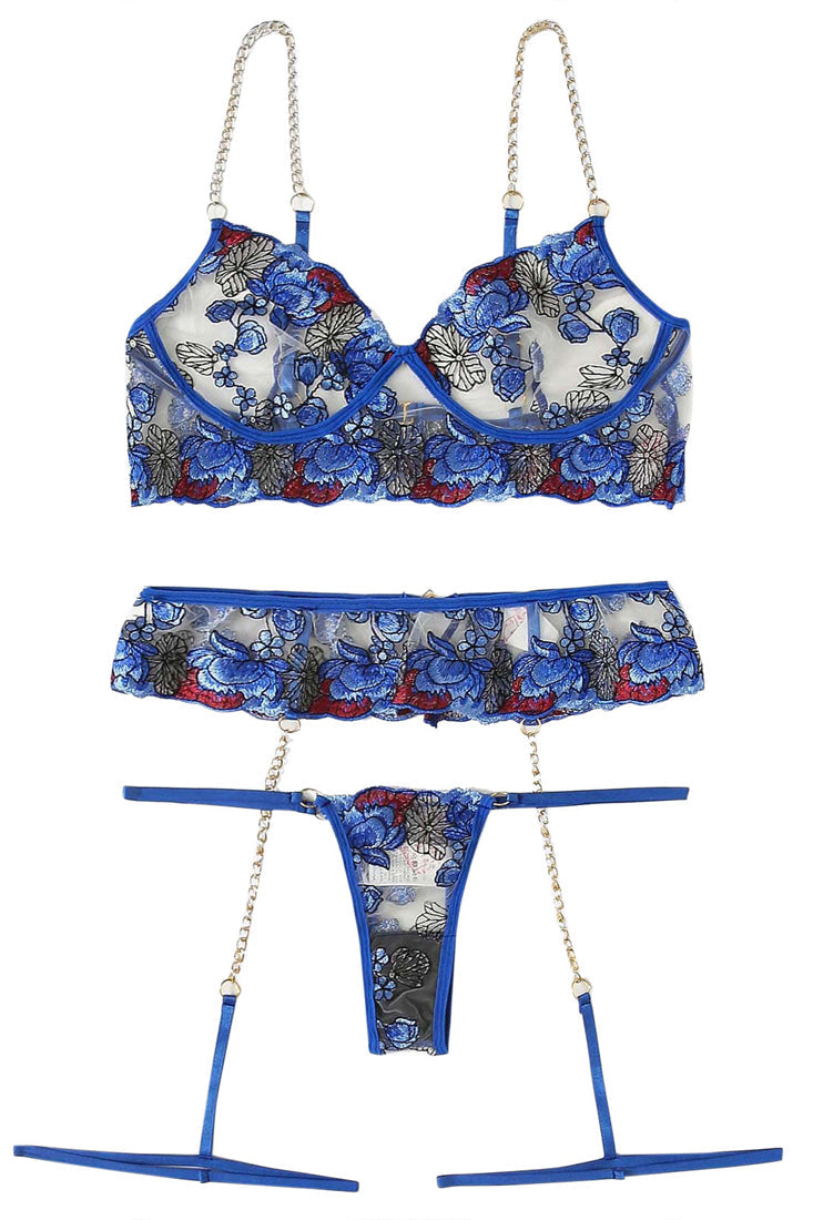 Saffierblauwe bh met bloemenborduur, ketting en string – 3‑delige set