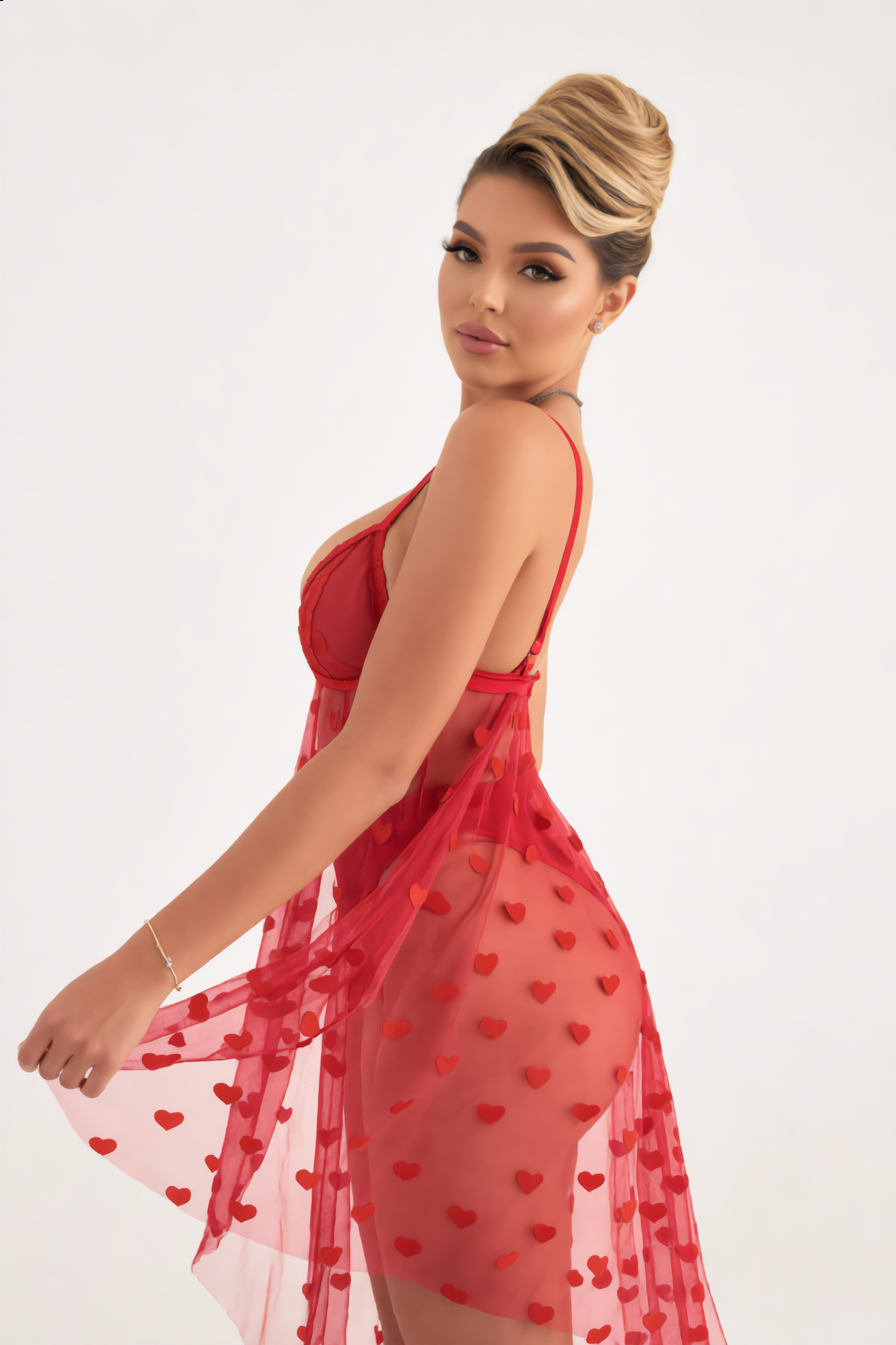 Red Hearts Mesh Sleeveless Dress With Panties Lingerie Set