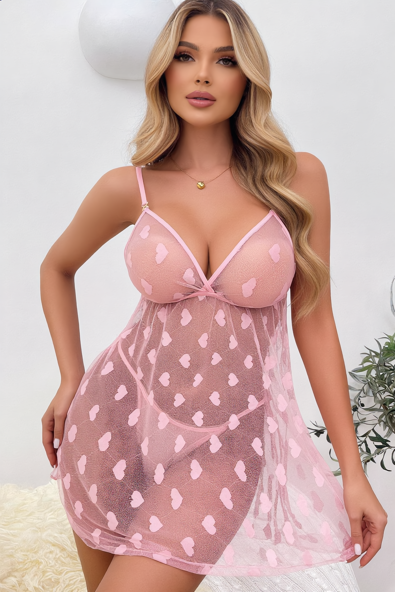 Babydoll Dames Kant – Roze Lingerieset Met Mesh – Elegante Set met Sensuele Look