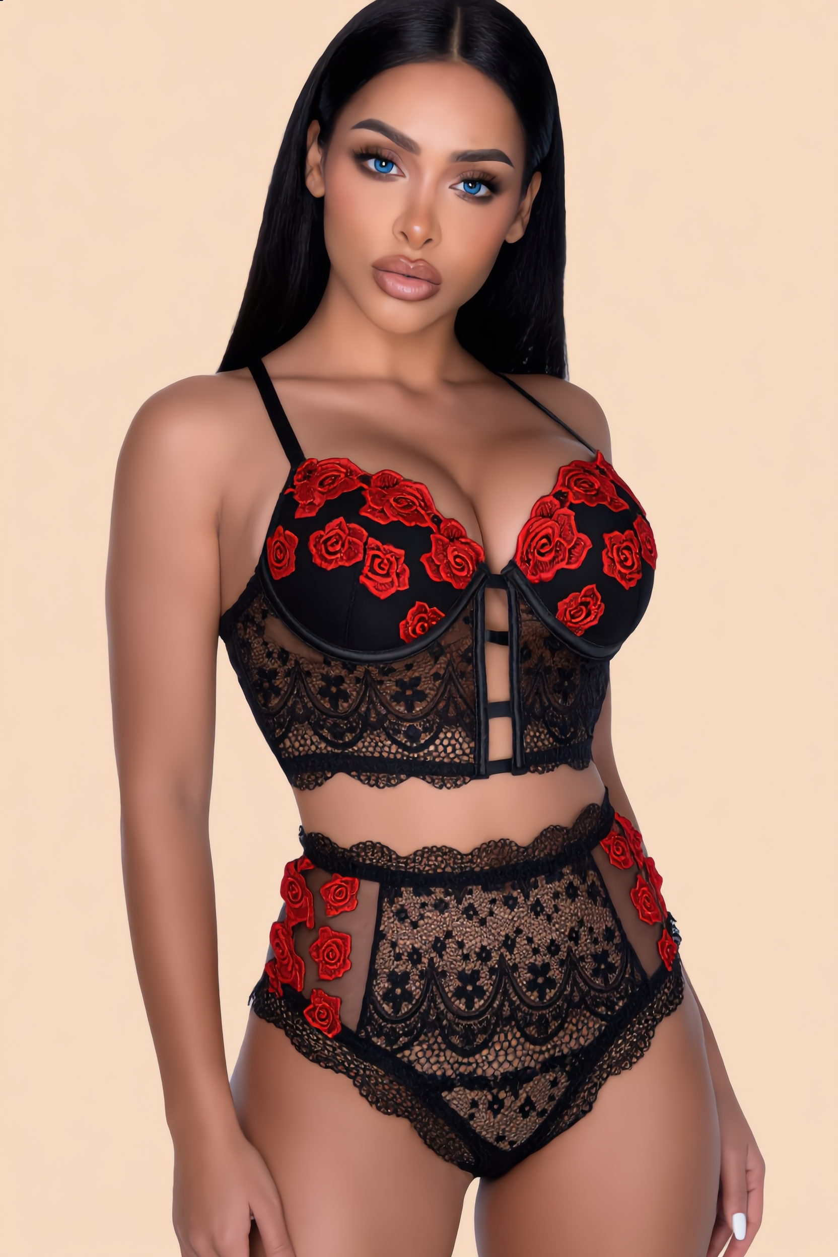 Bustier Set Dames Rozen – Zwart Rood 2-Delig Hoge Taille – Elegante Set met Sensuele Look