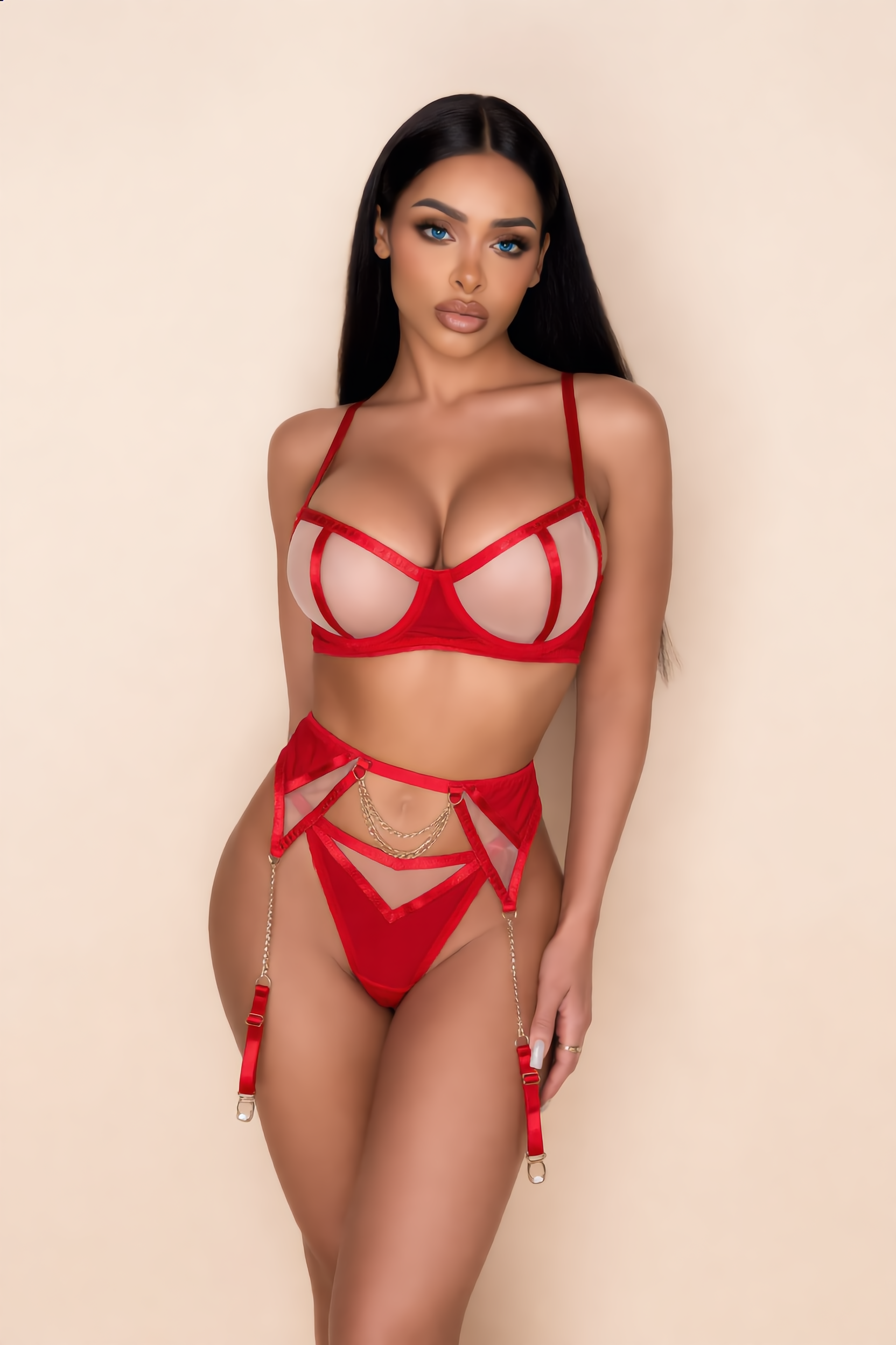 Lingerieset Dames Mesh – Rood 3-Delig Met Ketting – Verleidelijke Set met Soepele Pasvorm
