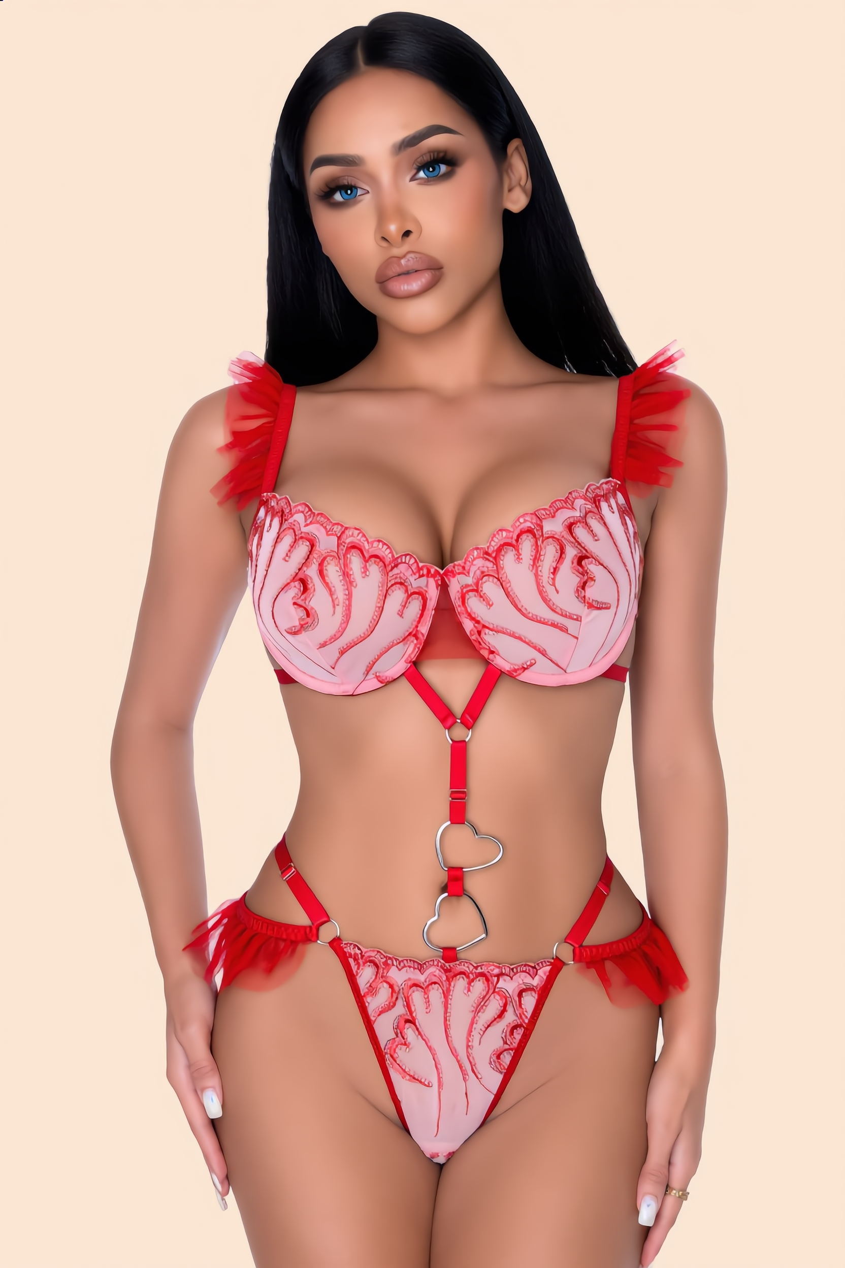 String Dames Kant – Rood Met Hartdetail – Verfijnd Comfort & Sensuele Look