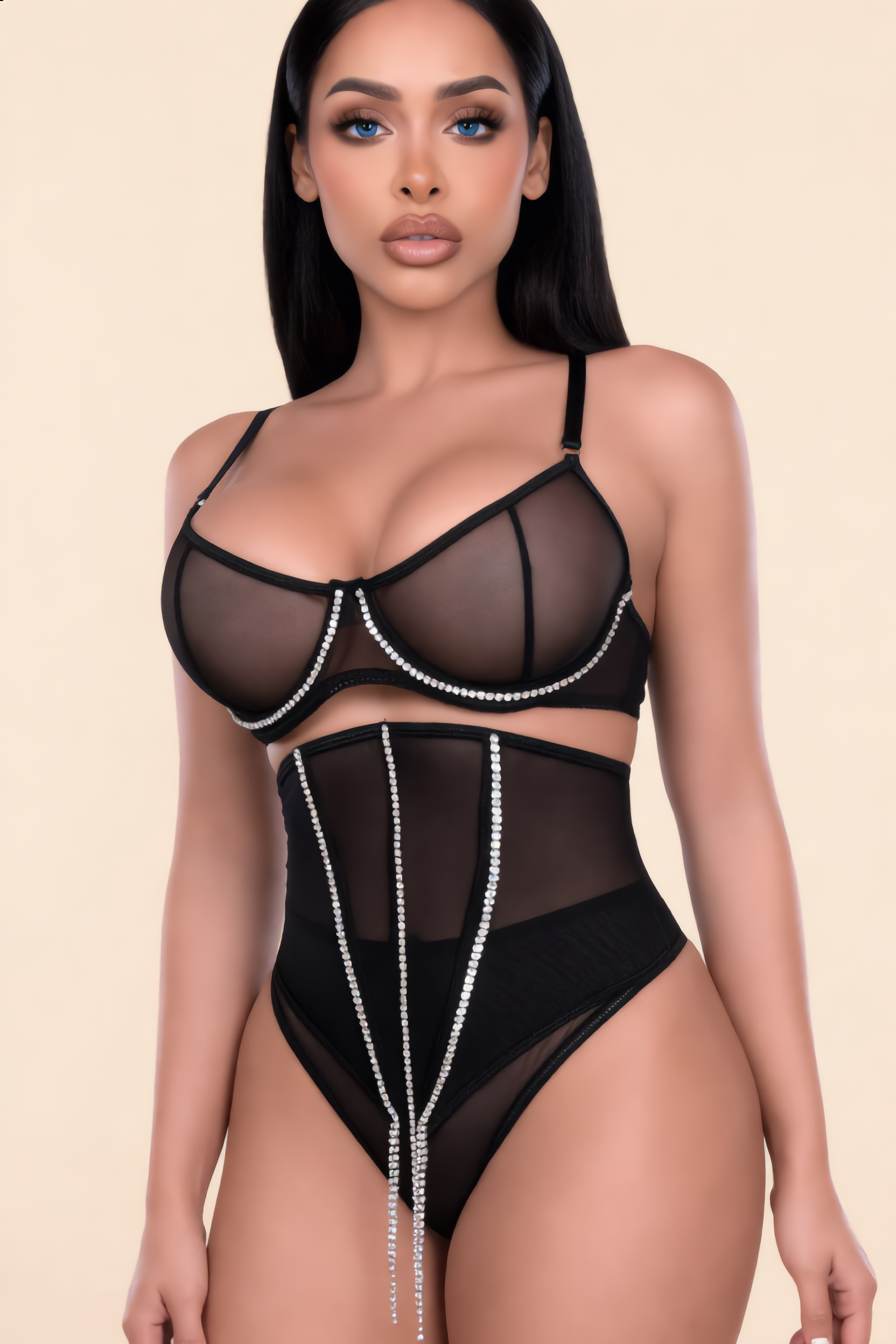 Korset Set Dames Mesh – Zwart 3-Delig Met String En Strass – Elegante Shaping met Comfort