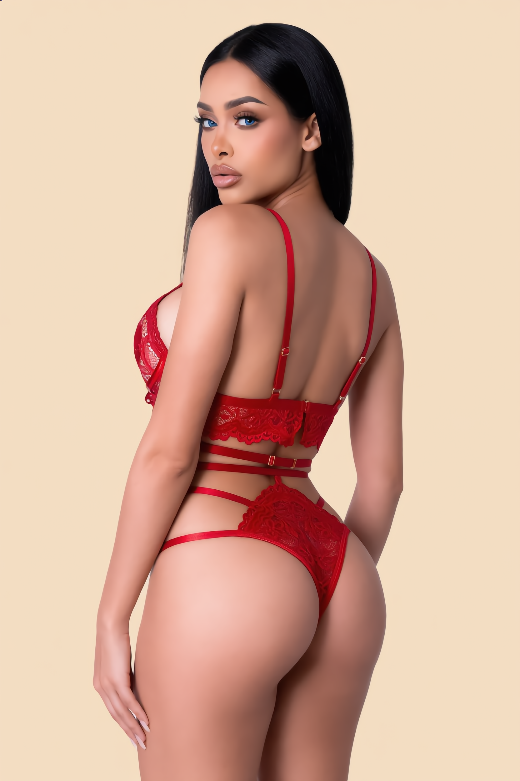 Rood gehaakt kant bh met kettingbandjes, jarretels en string – sexy 3‑delige set
