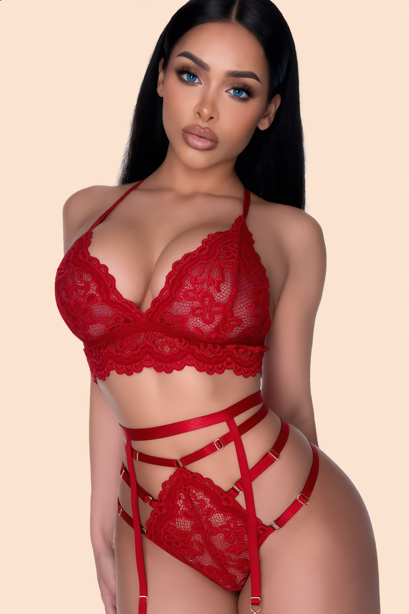 Rood gehaakt kant bh met kettingbandjes, jarretels en string – sexy 3‑delige set