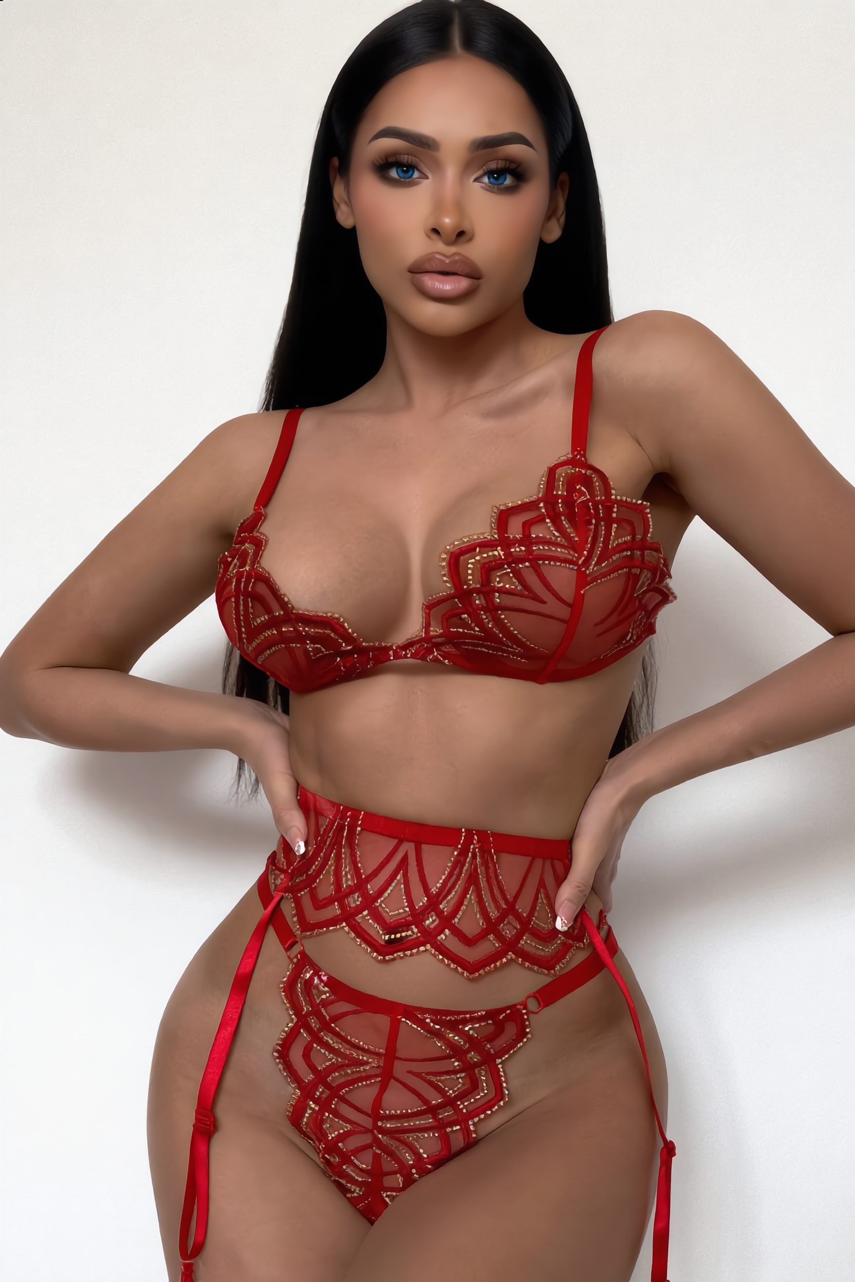 Lingerieset Dames Kant – Rood Goud Luxe 3-Delig Met Jarretels – Luxe Lingerie met Comfort