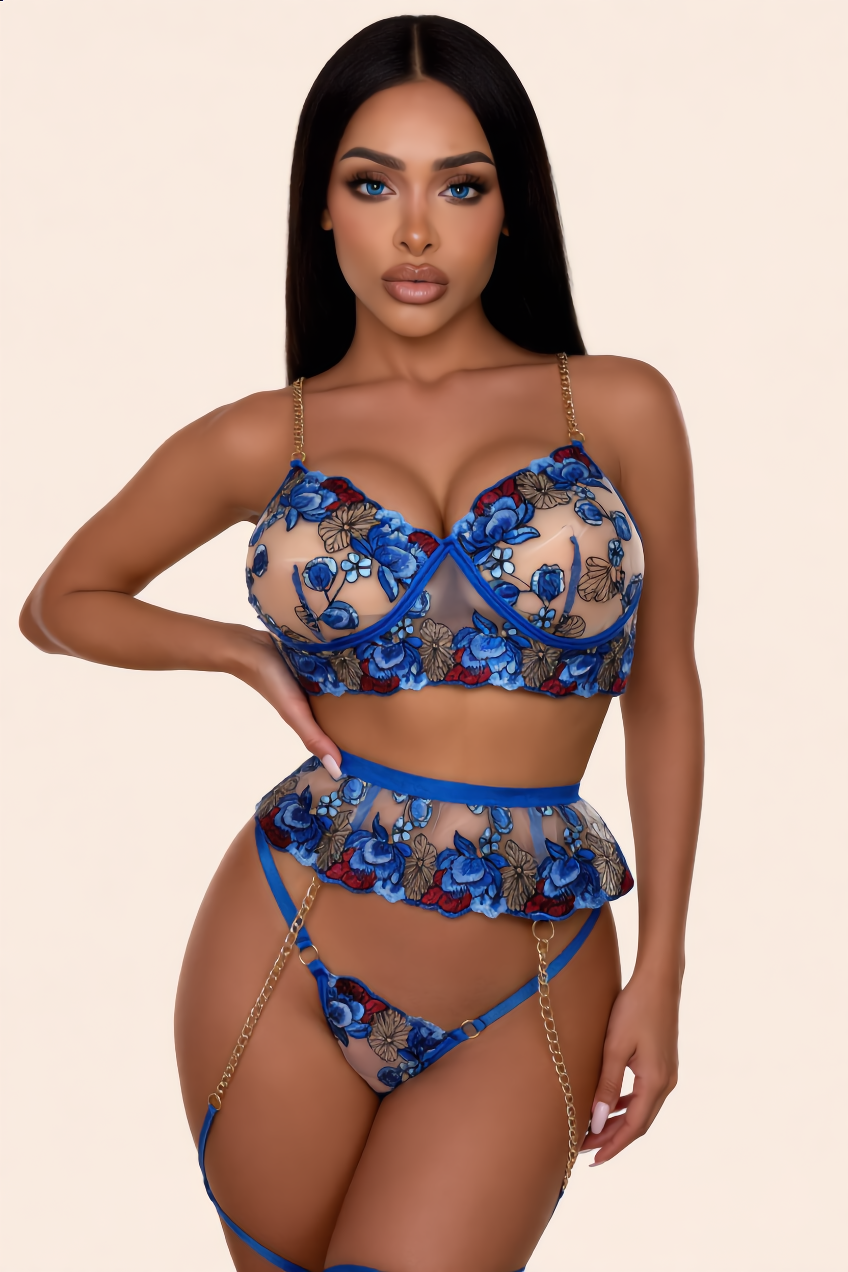 Saffierblauwe bh met bloemenborduur, ketting en string – 3‑delige set