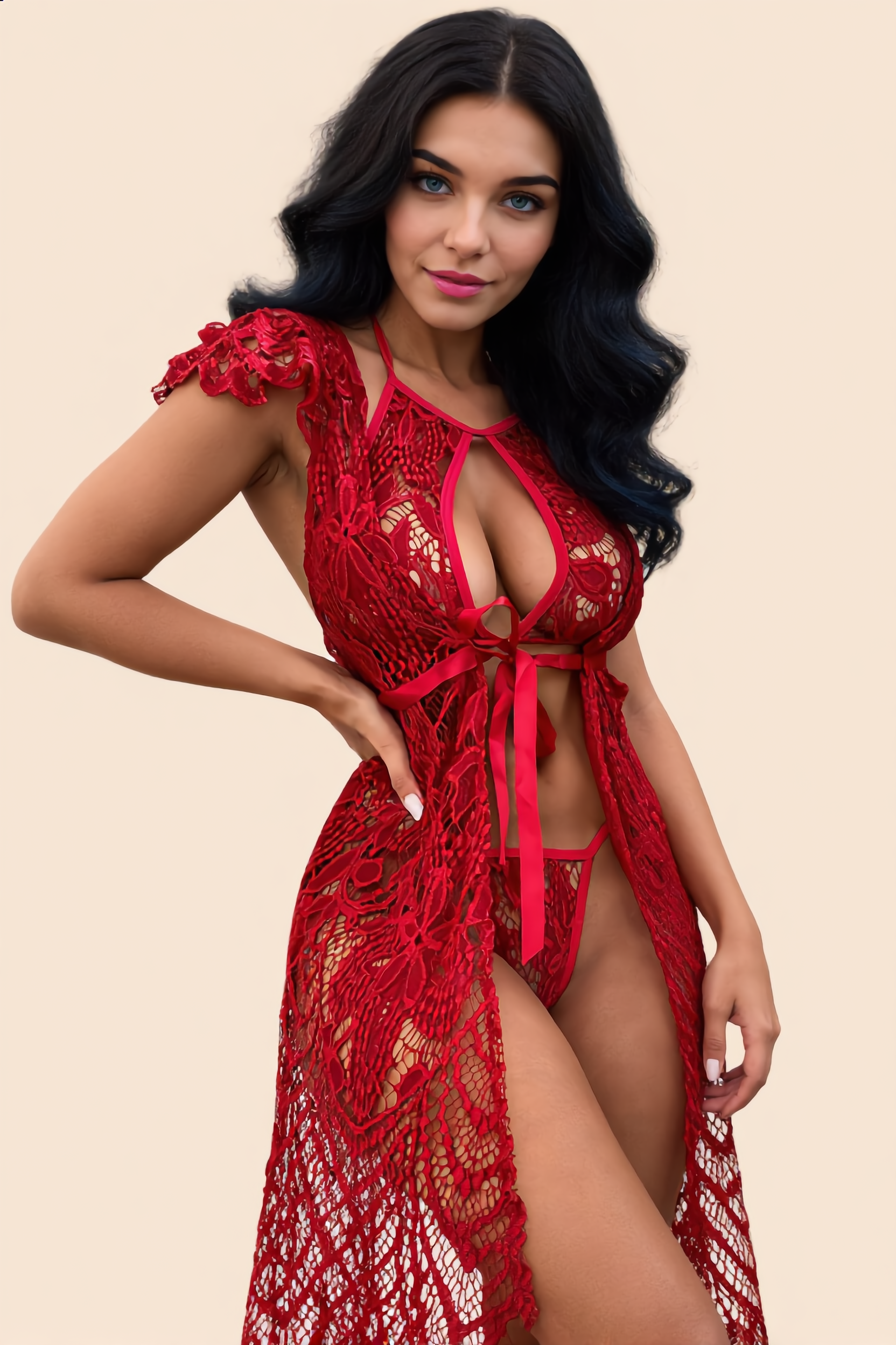 Lace Robe 3-Piece Lingerie Set - Lingerieset Dames Kant – Rood Met Haltertop – Verleidelijke Set